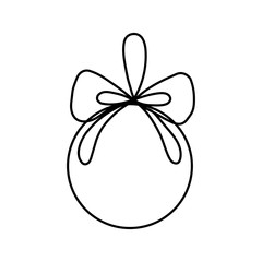 Vector Christmas ball with bow line art drawing. Modern minimalist illustration