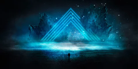 Fotobehang Futuristisch nachtlandschap, maanlicht, glans. Donkere natuurlijke scène met weerspiegeling van licht in het water, neonblauw licht. Donkere abstracte achtergrond. © MiaStendal
