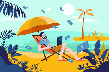 Fototapeta na wymiar Passive income - grown man on holiday with money raining down, working on laptop, drink in hand. Enjoying vacation, financial freedom. rich. Success, cashflow.