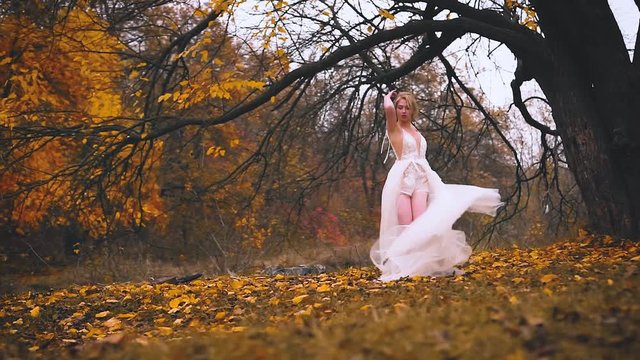 pretty blonde in white dress is spinning on background of wood with yellow leaves. She Dancing waving skirt. fabric flies waving. Positive emotions happy with a smile on attractive face. Autumn nature