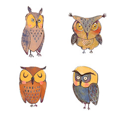 Vector colorful set with illustrations of cute owls isolated on white background. Can be used as elemets for your design for greeting cards, nursery, poster, card, birthday party, packaging paper
