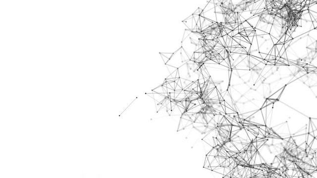 Abstract moving connected particles on white background, white clean space on left side for text or title. Scientific, technology, learning, medical, molecular, digital, modern 4k animation.