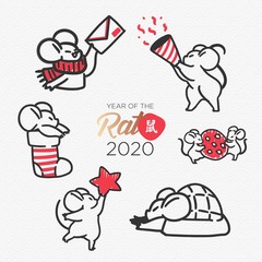 Vector collection of 2020 Chinese New Year simbol. Mouse, Rat horoscope sign. Set of Cute holiday themed Mice in different situations.