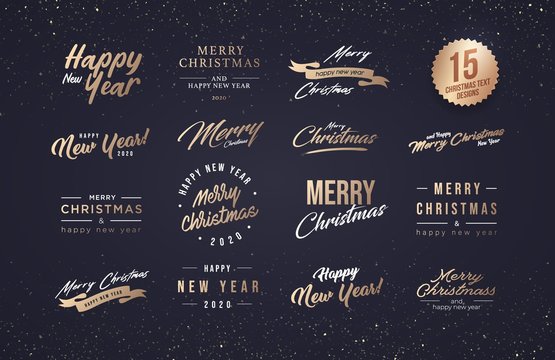 Merry Christmas and Happy New Year 2020 Typography set. Collection of emblems, text design. Usable for banners, greeting cards, gifts etc.