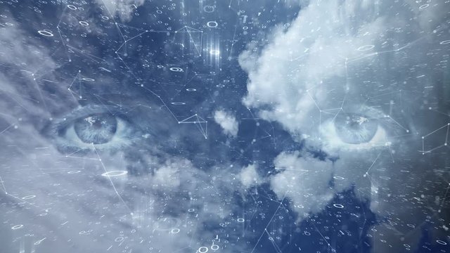 Conceptual big brother control with human eyes on digital computer cyberspace background.