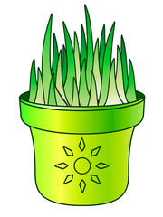 Grass in a flower pot. Young, juicy, green grass sprouted in a green flower pot with a picture of the sun. Young sprouts, germinated seeds - seedlings for the garden - vector full color picture.
