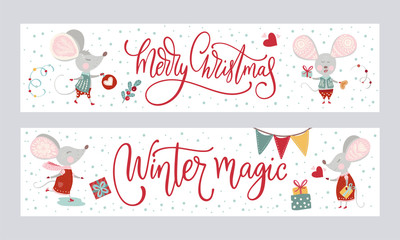 Chirstmas funny cartoon mouse poster set in a flat style. Winter vector long banner collection with cute New Year mice for social media and sales.