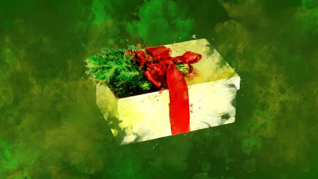 Watercolor Christmas decoration gold box on the back-ground of colored blots.