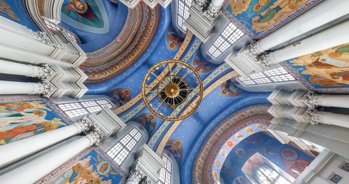 spinning and torsion of interior view and Looking up into ceiling in orthodox church Dome 