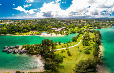 Port Vila, Vanuatu - April 3 2019: Aerial drone view of Holiday Inn Resort Vanuatu, Port Vila,...