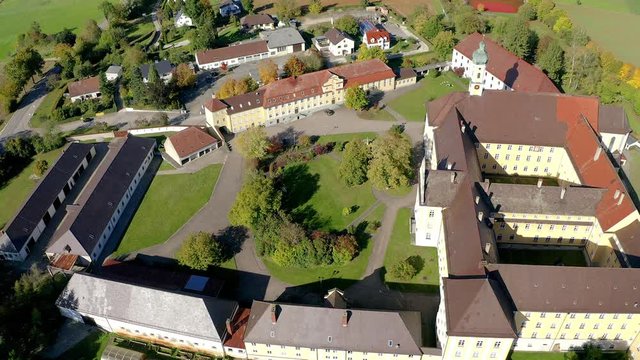 Aeria view , flight at  Monastery M&ouml;dingen, Diocese of Augsburg, Bavaria, Germany, Europe