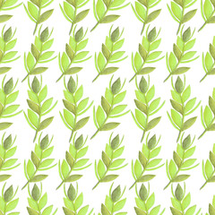 watercolor illustration, Seamless pattern, thanksgiving, autumn green rye branches on white background, illustration for printing postcards, posters,  websites and so on