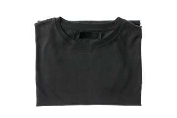 Folded dark gray t-shirt isolated on white background, space for text