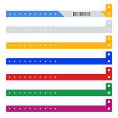 Flat icons set of Colored vinyl bracelets hand ID entrance festival or luminous neon cheap plastic bracelets isolated on a white background.