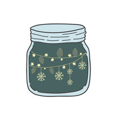 Jar with stars and snowflakes. Vector doodle style doodle. Festive fashion design