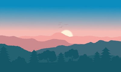 Blue nature backdrop. Mountain and tree with sunrise on sky.