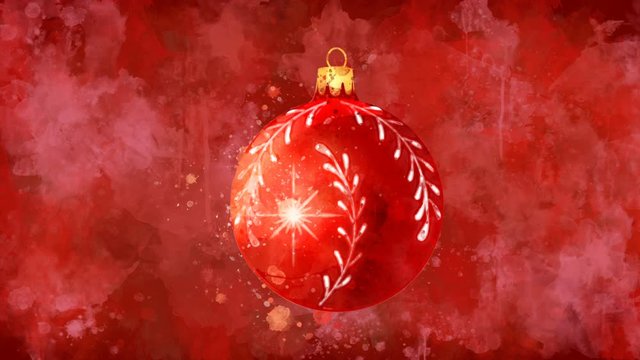 Watercolor Christmas decoration red ball on the back-ground of colored blots.