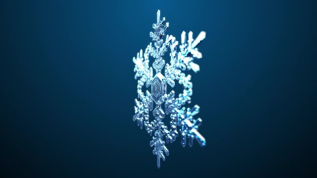 4K. Spinning Snowflake On Blue Background. Seamless Looping. Ultra High Definition. 3840x2160. 3D Animation.