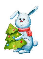 Obraz na płótnie Canvas New year's postcard with rabbit. Christmas and new year. Watercolor cartoon leveret. Cute character. Symbol 2020. Hand drawn illustration. Christmas tree. Greeting card