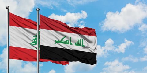 Lebanon and Iraq flag waving in the wind against white cloudy blue sky together. Diplomacy concept, international relations.