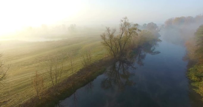 Aerial view of river under morning fog, Ukraine