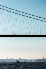 suggestive photo of the Bosphorus Bridge with a boat sailing in the rough sea