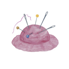 Hand drawn watercolor illustration of a pin cushion with pins and needles, simple pattern