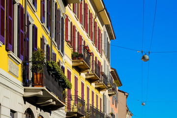 Milanese house facade on the Navigli in a clear day, Lombardy, Italy