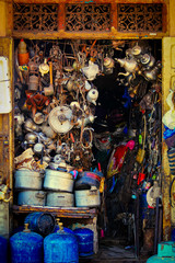 Fototapeta premium tinsmith shop extremely small, dirty and saturated with marrakech, morocco