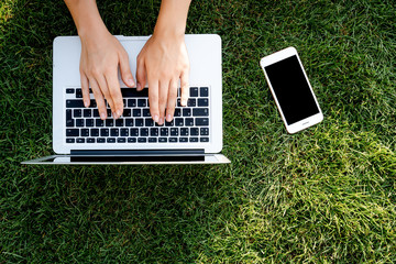 Creating ideas concept. Freelance work or online education platform. Eco work space. Top view with...
