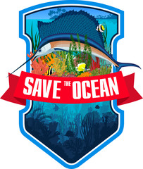 Vector emblem with coral reef,  swordfish Atlantic sailfish and colorful tropical fish  © Save Jungle