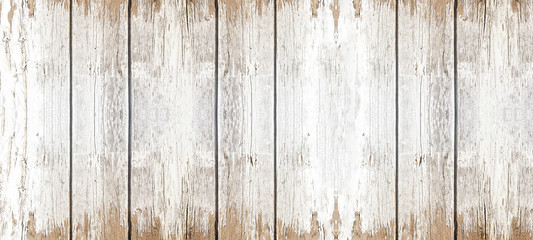 Old white painted exfoliate grunge rustic bright light wooden texture - wood background banner...