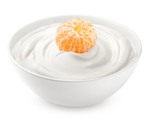 mandarin with sour cream, yogurt, isolated on white background, clipping path, full depth of field