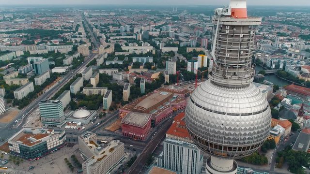 BERLIN, GERMANY - JUNE, 2019: Aerial drone view shot of TV Tower on Alexanderplatz