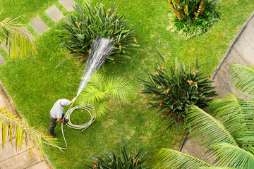 utility worker gardener  with hose for watering the plants and trees  in tropical garden