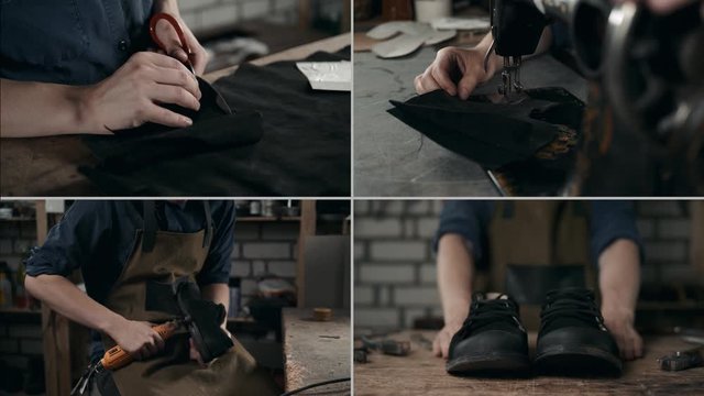 Collage shoes designing and cutting the pattern for the shoe parts with piece of leather in workshop for shoe manufacture. Multi camera of traditional vintage shoemaker craftsman working with leather