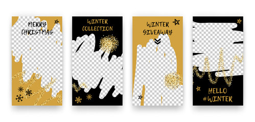 Vector trendy editable winter set of templates for social media network stories. Modern design backgrounds with geometric elements, snowflakes, golden glitter for flyers, cards, posters