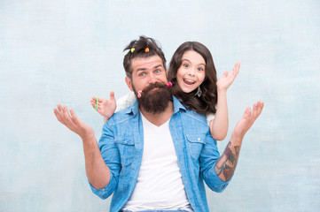 Smile if you are happy. Happy family. Happy father and little daughter. Bearded man and small child...