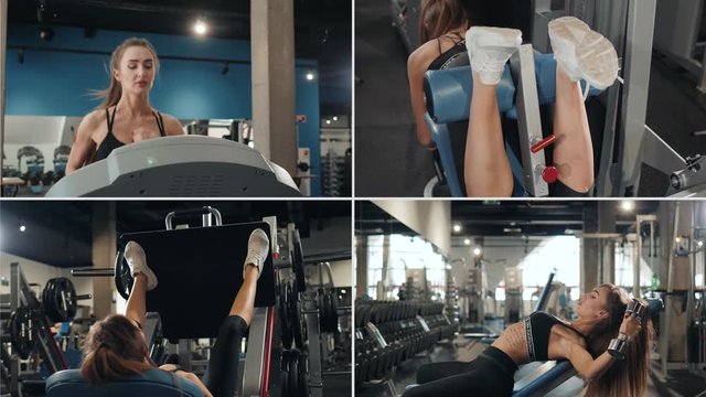 collage beautiful slim sport woman doing gymnastics and power lifting exercises at the gym. Fitness girl gym concepts, multi screen camera