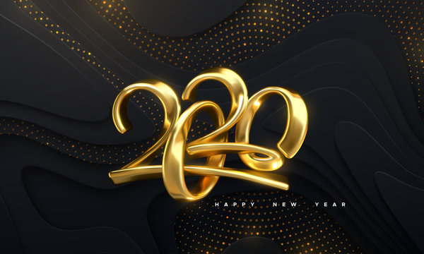 Happy New 2020 Year. Holiday vector illustration of golden calligraphic numbers 2020. Realistic 3d sign. Festive poster or banner design. Modern lettering on wavy papercut background with glitters.