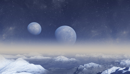 Naklejka na ściany i meble 3d rendered Space Art: Alien Planet - A Fantasy Landscape with blu skies
