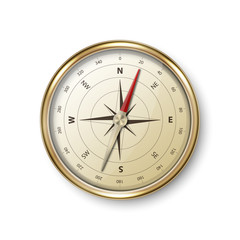 Vector 3d Realistic Metal Golden Antique Old Vintage Compass with Windrose Icon Closeup Isolated on White Background. Design Template. Travel, Navigation Concept. Stock Vector Illustration