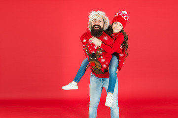 Having fun. Christmas memories. Dad and daughter celebrate new year. Family holiday. Merry christmas. Happy family. Small girl and cheerful father man. Family values. Family wear winter sweaters
