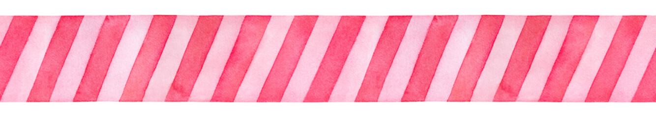 Fototapeta premium Festive seamless border with pink stripe pattern. Hand drawn watercolour graphic illustration on white backdrop, cutout clip art element for creative design, textile, print, greeting card, invitation.