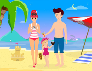Parents with Child Stand on Beach Enjoy Summer