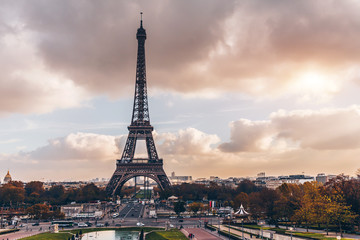 Fototapeta na wymiar Paris, France - Nov 27, 2013: Beautiful view of Eiffel tower in Paris, France. Famous touristic places in Europe. European city travel concept.
