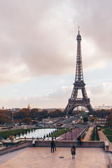 Paris, France - Nov 27, 2013: Beautiful view of Eiffel tower in Paris, France. Famous touristic places in Europe. European city travel concept.