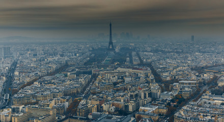 Aerial panorama of Paris City in late autumn from Maine-Montparnasse Tower
