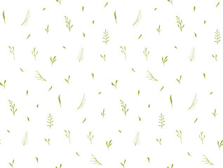 Gentle herbs and leaves seamless pattern on white background.