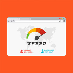 Web browser with speedometer desktop version. Website speed loading time. Vector stock illustration.